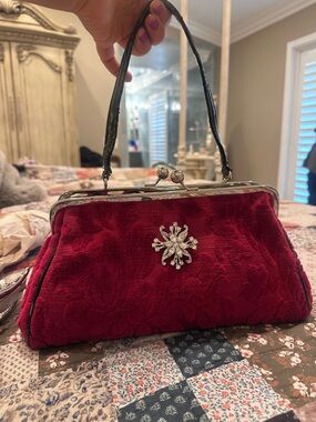 Red Velvet Embellished Frame Clutch with Crystal Brooch